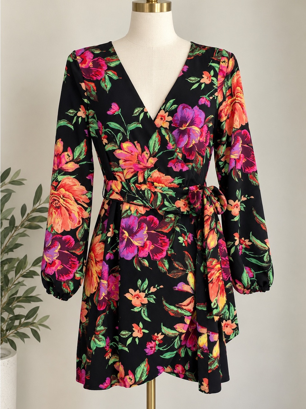 Siena Floral Faux Wrap Scuba Mini Dress Black Multicolor Size 10 NWT